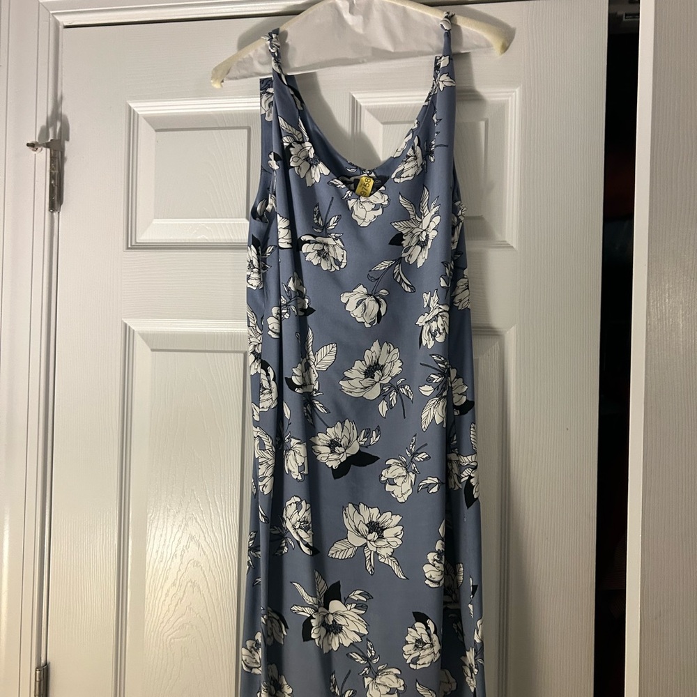 Blue and White Sleeveless Spaghetti Strap Maxi Dress